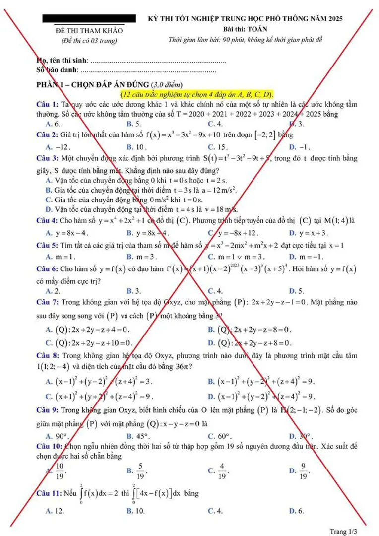 Đề tham khảo thi tốt nghiệp lan truyền trên mạng là giả mạo