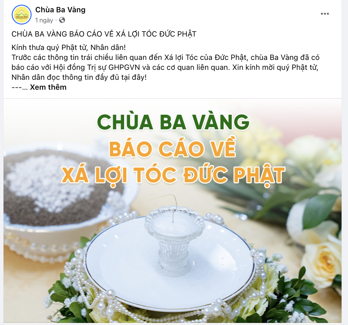 Yêu cầu chùa Ba Vàng gỡ bỏ thông tin "xá lợi tóc Đức Phật"