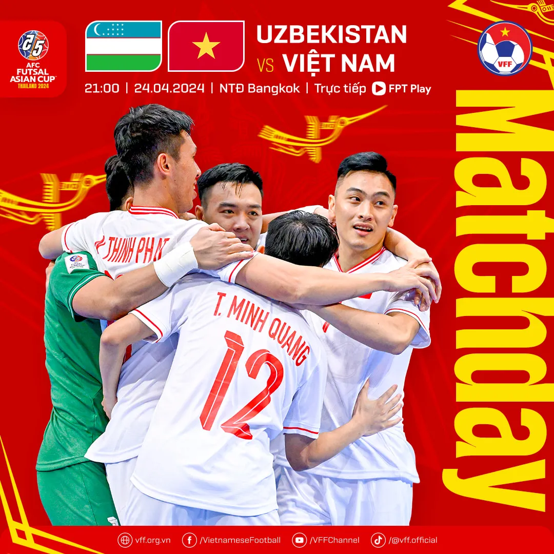 Trực tiếp tứ kết futsal châu Á 2024 giữa Việt Nam vs Uzbekistan hôm nay 24/4