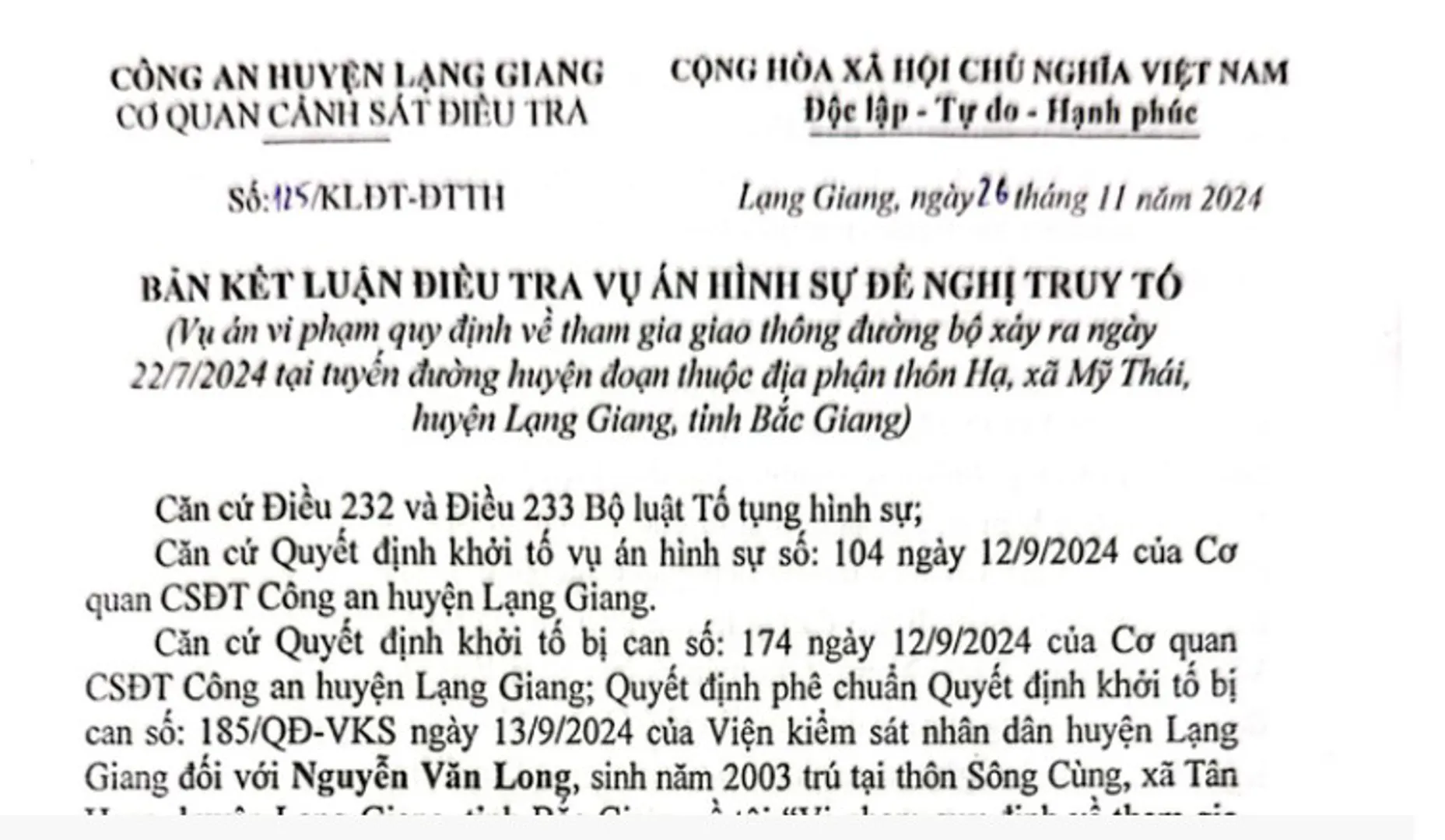 Bắc Giang: khởi tố đối tượng gây tai nạn giao thông làm chết người