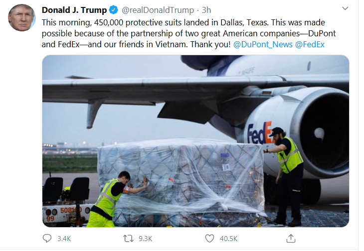 President Trump thanks Vietnam for delivery of 450,000 protective suits