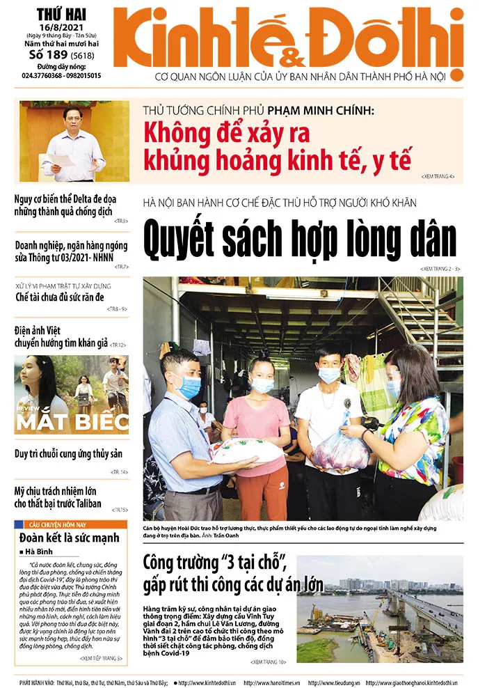  Trang nhất số báo 189 - Báo in Kinh tế & Đô thị ra ngày 16/8/2021