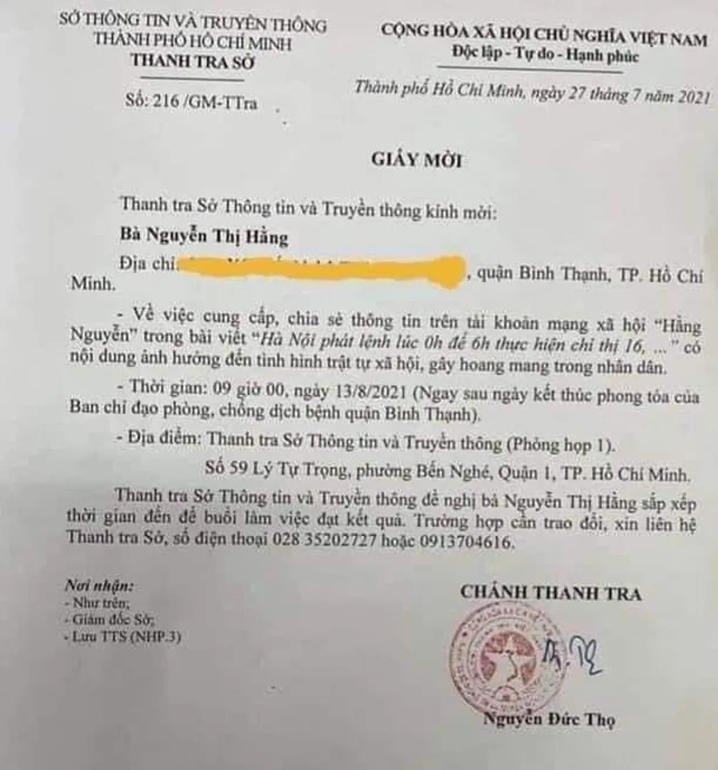 Sở Thông tin và Truyền thông TP Hồ Chí Minh làm việc với chủ facebook “Hằng Nguyễn” vào sáng 13/8