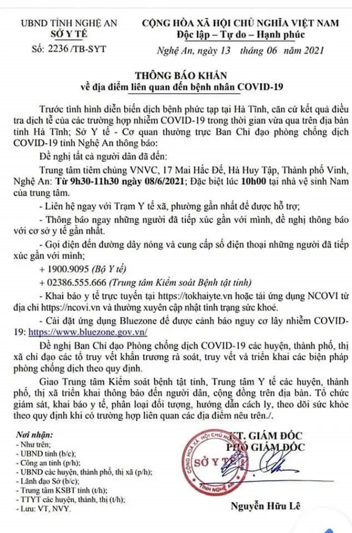 Nghệ An thông báo khẩn liên quan ca nhiễm tại Hà Tĩnh từng đến Trung tâm tiêm chủng VNVC