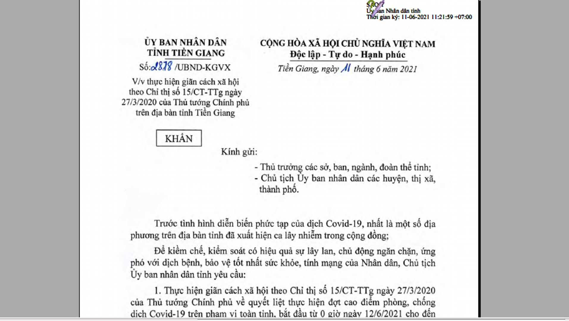 Tiền Giang giãn cách xã hội toàn tỉnh theo Chỉ thị 15 từ 0 giờ ngày 12/6