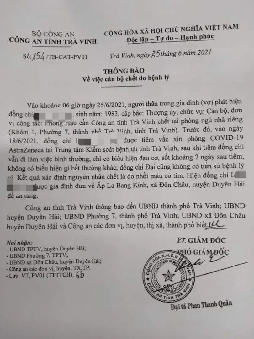 Công an tỉnh Trà Vinh thông tin một thượng úy tử vong tại nhà riêng