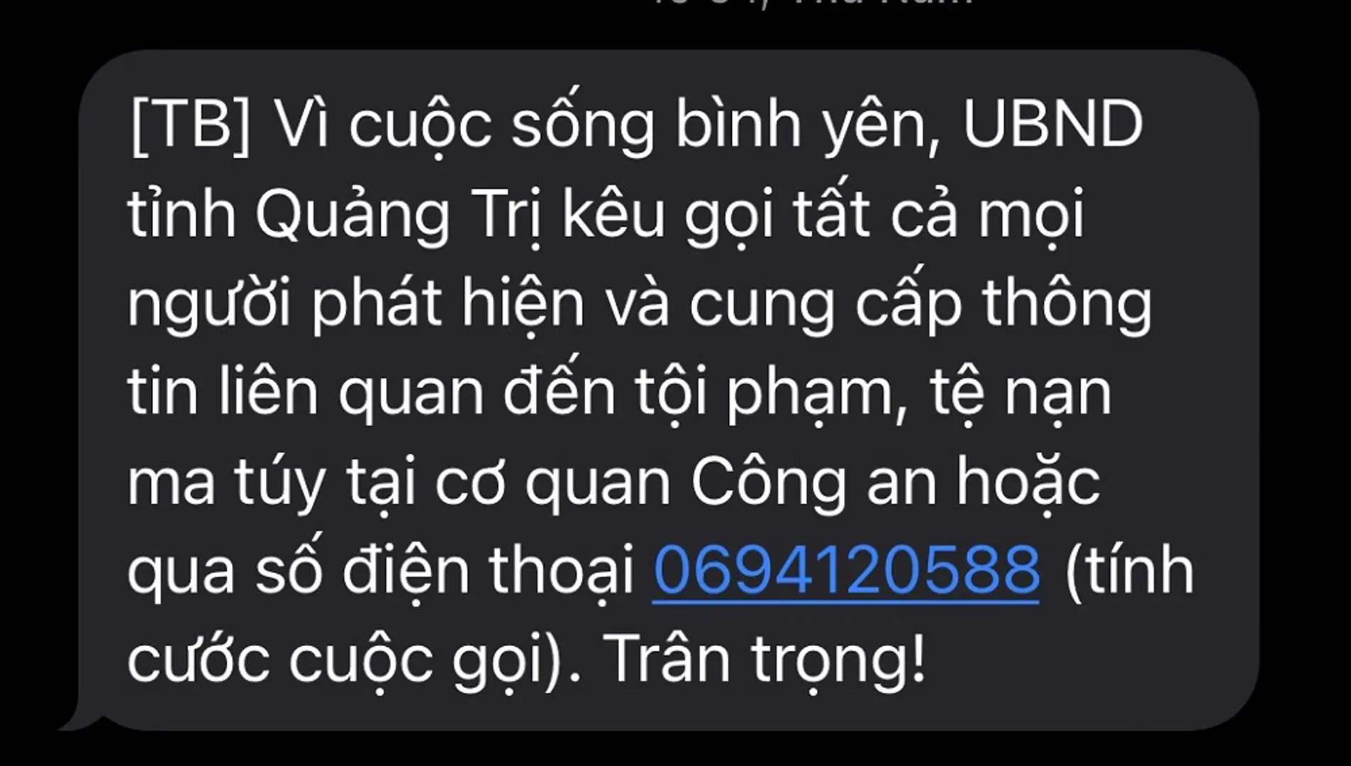 UBND tỉnh Quảng Trị nhắn tin kêu gọi người dân tố giác tội phạm, tệ nạn ma túy