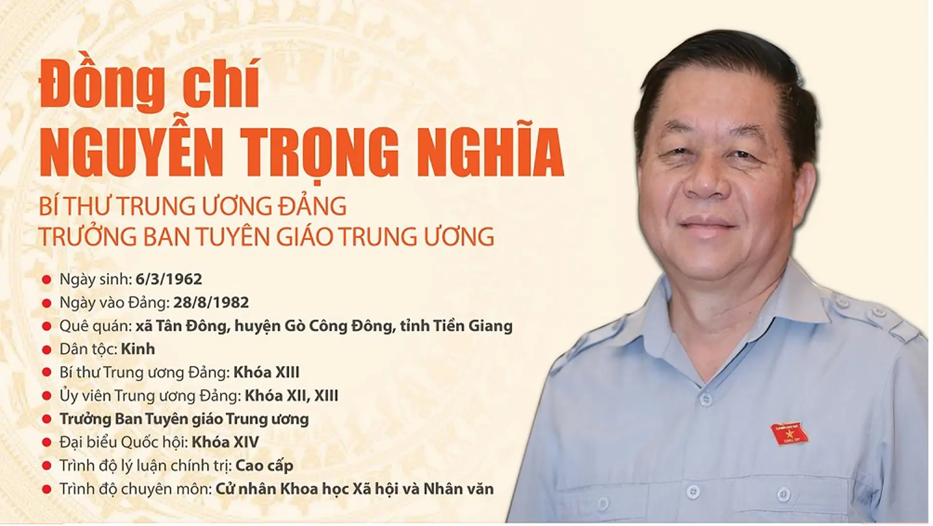 [Infographic] Tóm tắt  quá trình công tác của Trưởng ban Tuyên giáo Trung ương Nguyễn Trọng Nghĩa