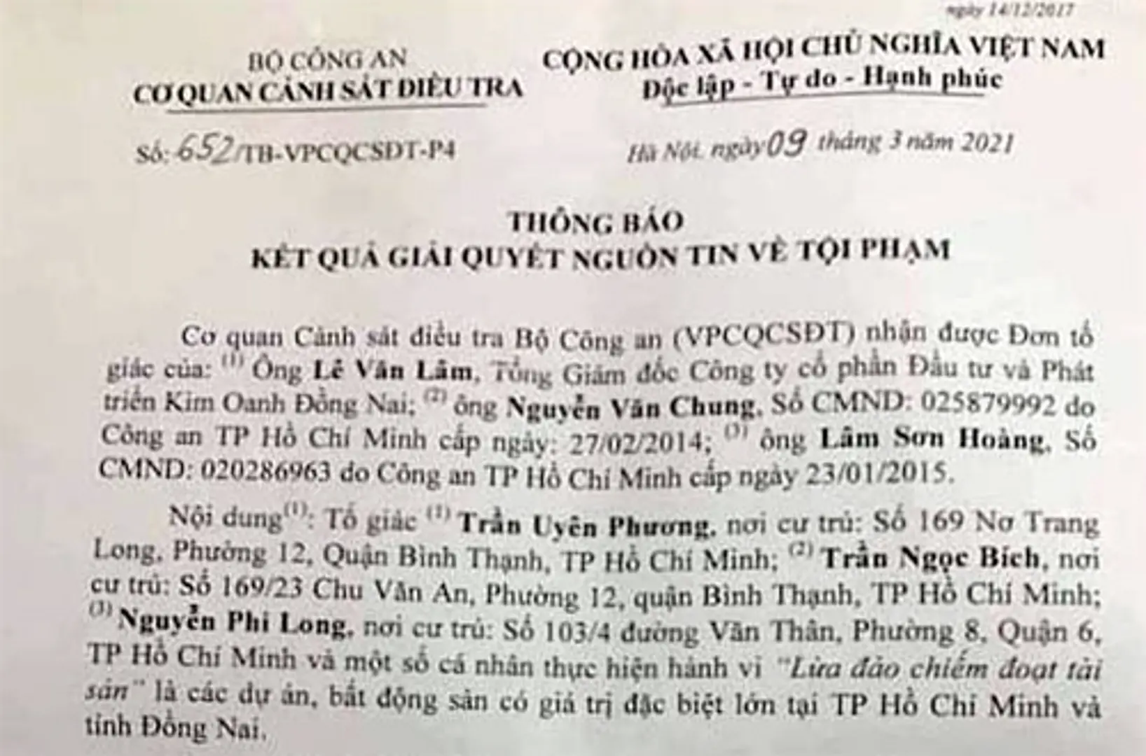 Thông báo kết quả giải quyết nguồn tin tố giác tội phạm của ông Nguyễn Văn Chung