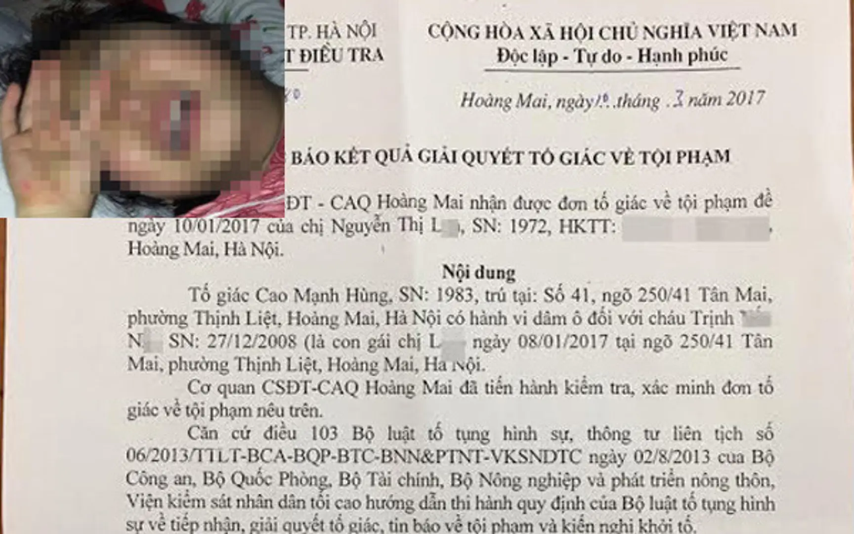 Khẩn trương xác minh vụ xâm hại trẻ em ở quận Hoàng Mai