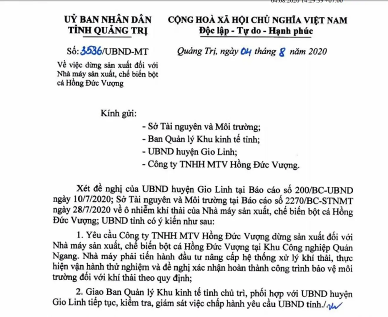 Nhà máy chế biến bột cá ở Quảng Trị phải dừng sản xuất vì ô nhiễm khí thải