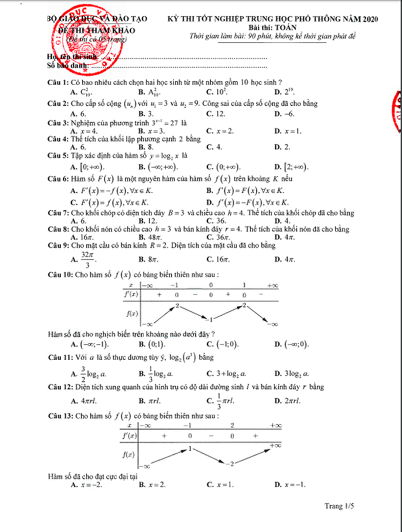 Đề thi tham khảo tốt nghiệp THPT 2020 mới nhất ngày 7/5/2020, Đề Chính thức