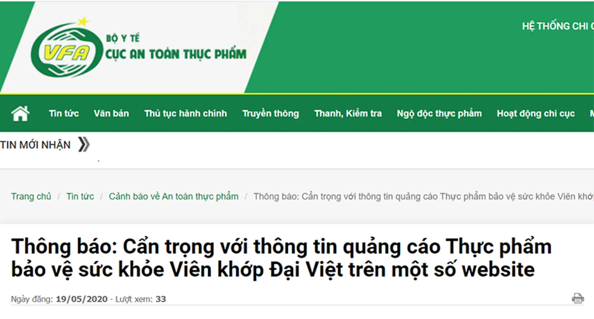 Cẩn trọng với thông tin quảng cáo thực phẩm bảo vệ sức khỏe viên khớp Đại Việt