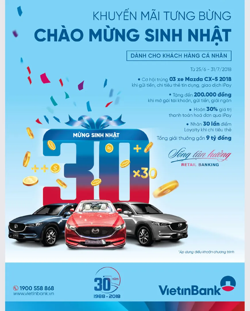 Cơ hội trúng 3 xe ô tô Mazda CX5 khi giao dịch với VietinBank