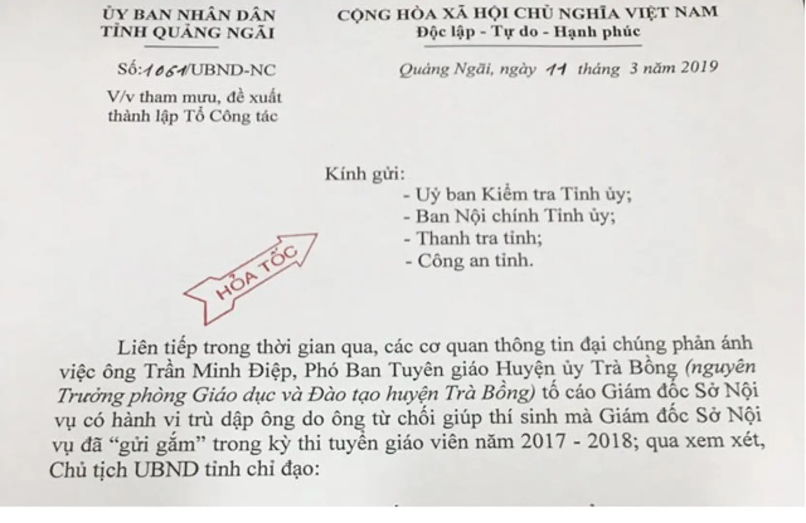 Quảng Ngãi: Hỏa tốc làm rõ vụ nguyên Trưởng phòng GD&ĐT tố Giám đốc Sở Nội vụ