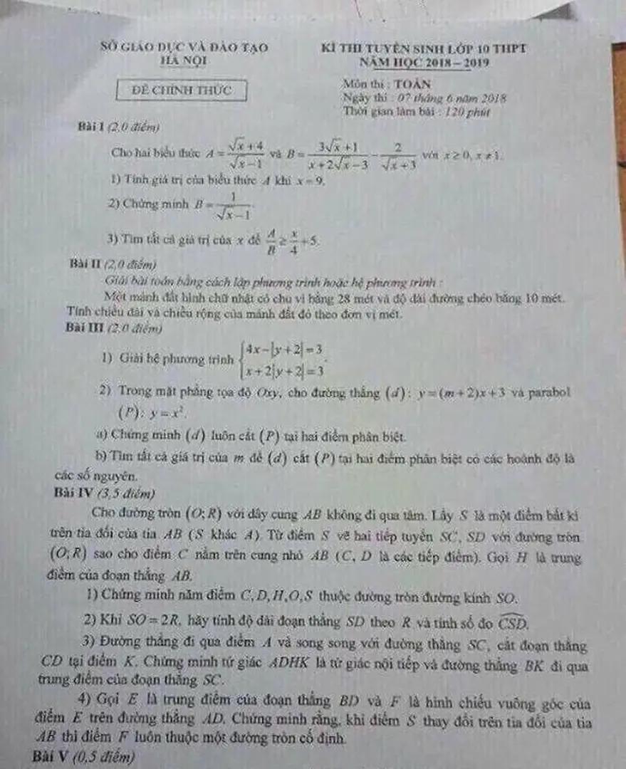 Đề thi môn Toán tuyển sinh vào lớp 10 tại Hà Nội