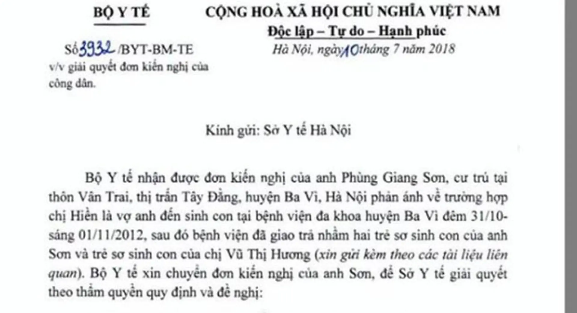 Bộ Y tế vào cuộc vụ trao nhầm con tại Ba Vì 6 năm trước