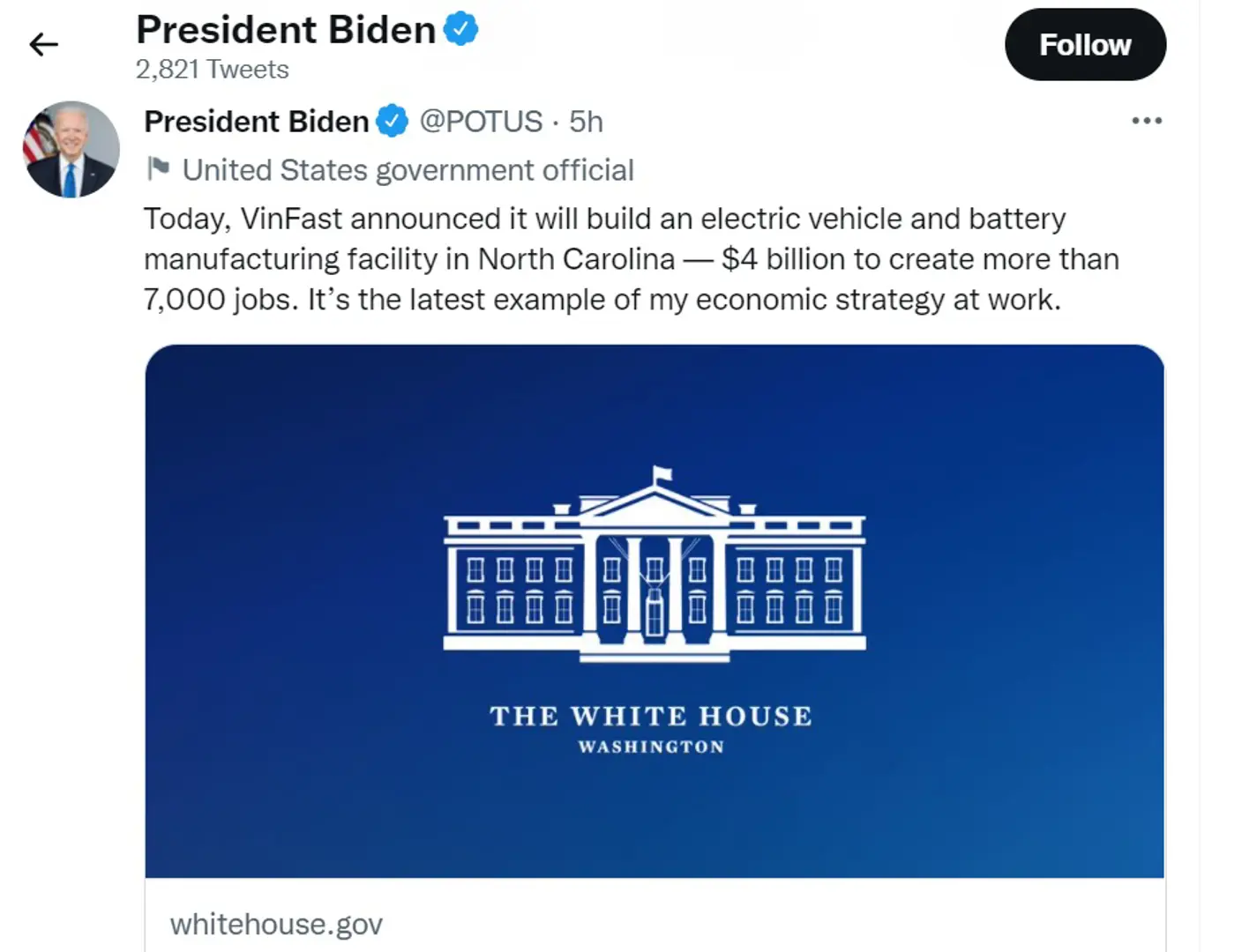 Tổng thống Joe Biden chúc mừng Vinfast xây nhà máy 4 tỷ USD tại Mỹ