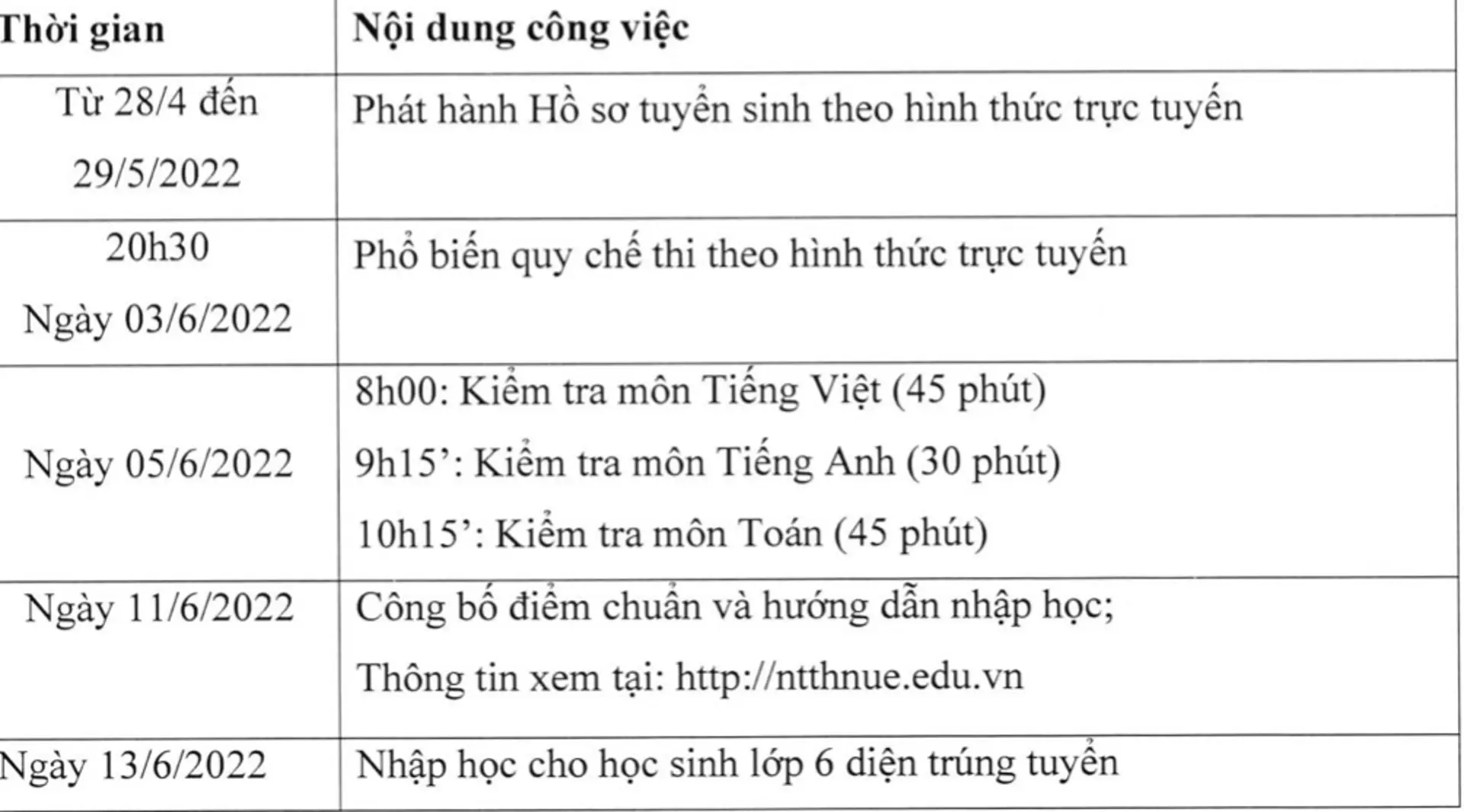 Lịch tuyển sinh lớp 6