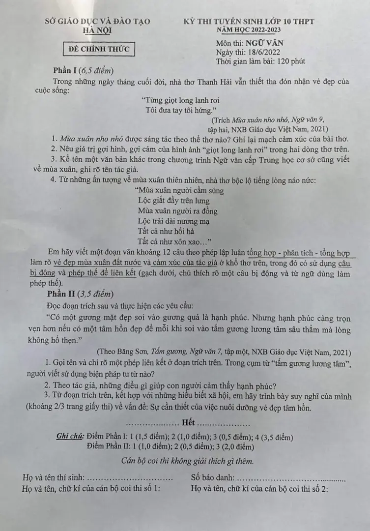 Đề thi môn Ngữ văn - kỳ thi tuyển sinh lớp 10 năm học 2022- 2023 tại Hà Nội