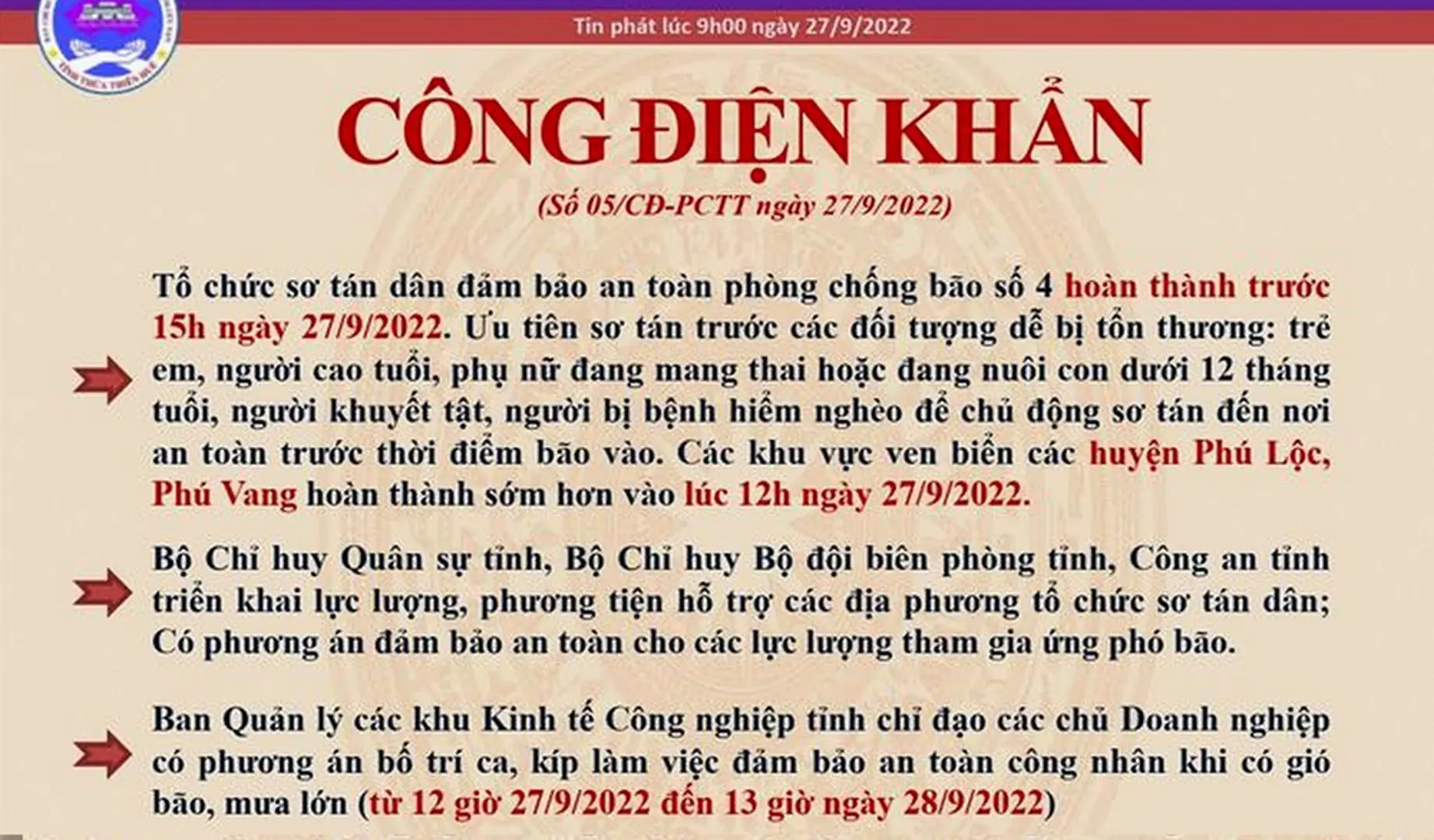 Thừa Thiên Huế khẩn trương sơ tán người dân trước 15 giờ ngày 27/9