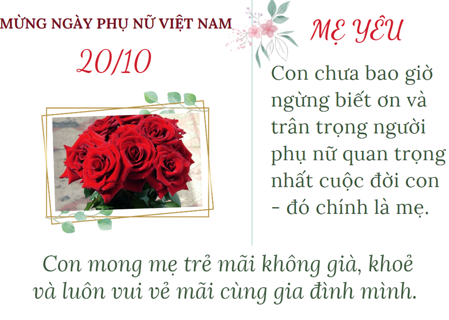 Lời chúc ngày Phụ nữ Việt Nam 20/10 tặng mẹ, mẹ chồng, mẹ vợ, mẹ người yêu