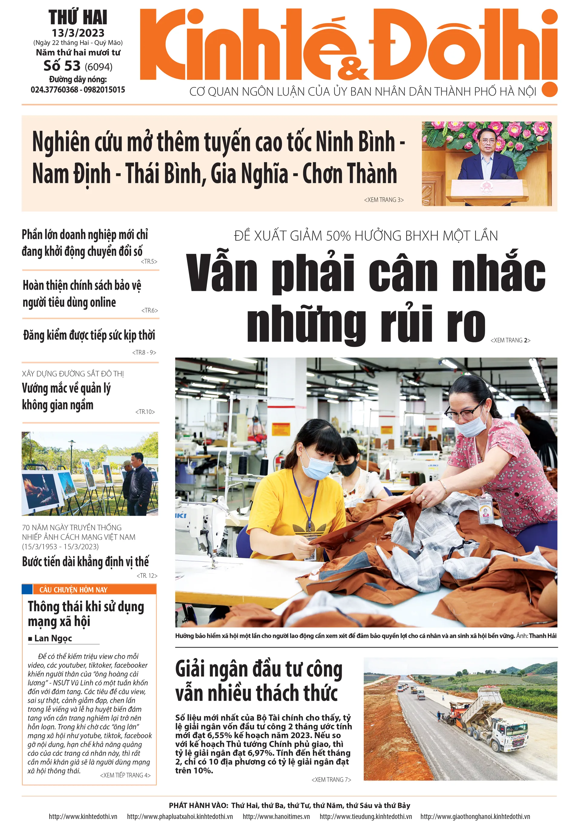 Trang nhất số báo 53 - Báo in Kinh tế & Đô thị phát hành ngày 13/3/2023.