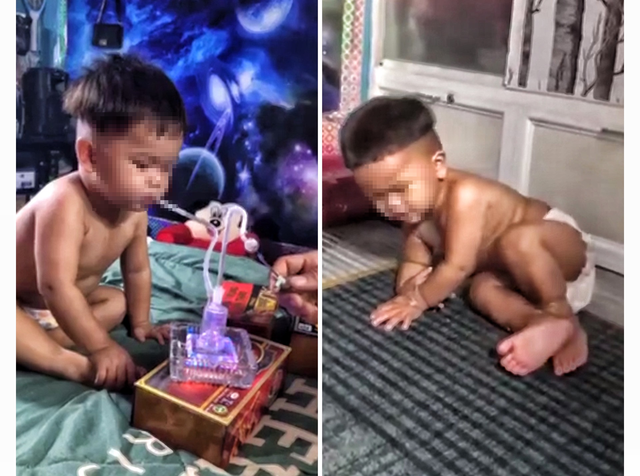 Clip bé T. nghi bị cha dượng trói chân, cho dùng chất nghi ma túy đá lan truyền chóng mặt trên mạng. Ảnh chụp màn hình