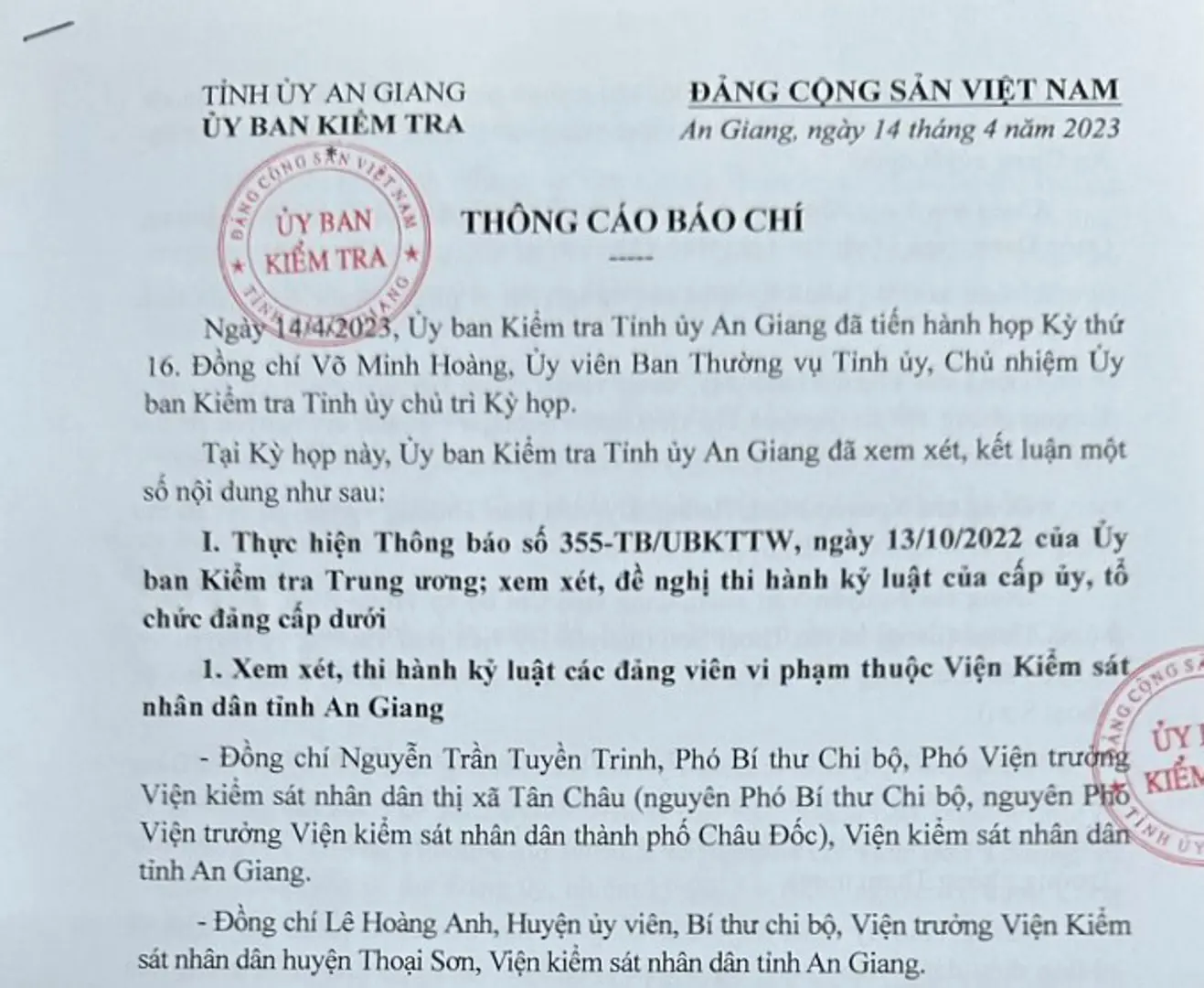 An Giang: Kỷ luật hàng loạt cán bộ công an và Viện kiểm sát nhân dân