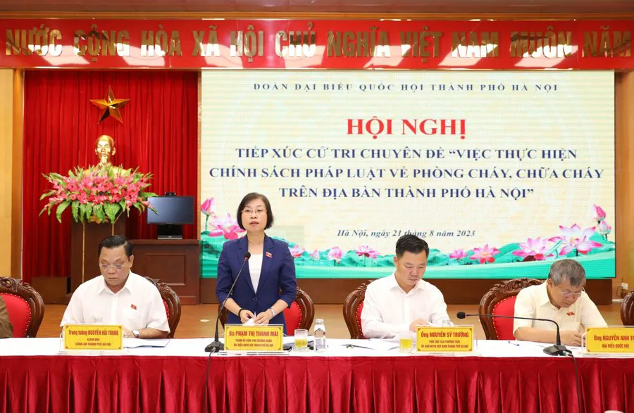 Phó trưởng đoàn chuyên trách Đoàn đại biểu Quốc hội TP Hà Nội Phạm Thị Thanh Mai phát biểu tại hội nghị. Ảnh: Vân Hà