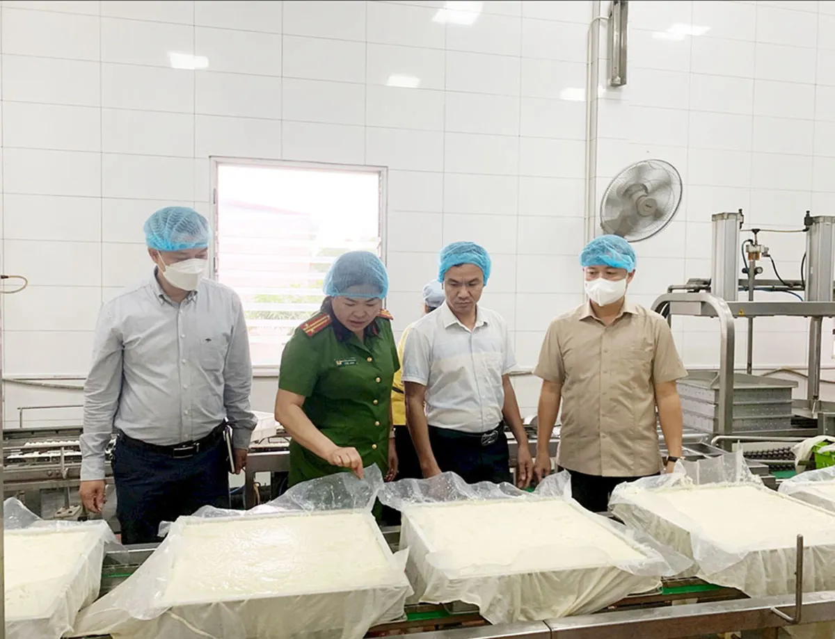 Đoàn kiểm tra liên ngành về an toàn vệ sinh thực phẩm của Hà Nội kiểm tra một cơ sở sản xuất đậu phụ tại huyện Mê Linh. Ảnh: Thanh Bình