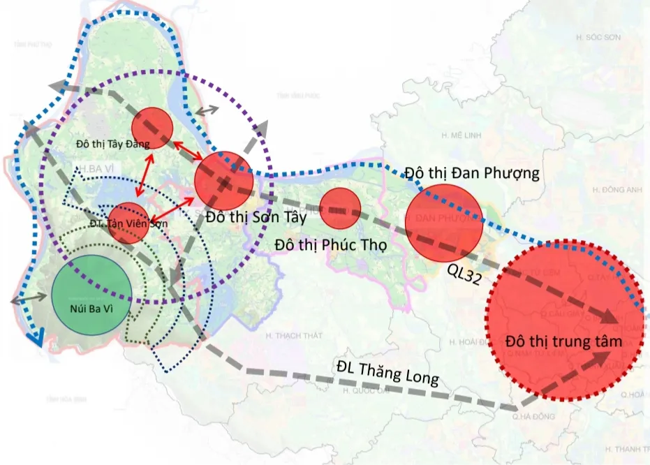 Sơ đồ minh họa định hướng phát triển đô thị các địa phương phía Tây Bắc Thủ đô.
