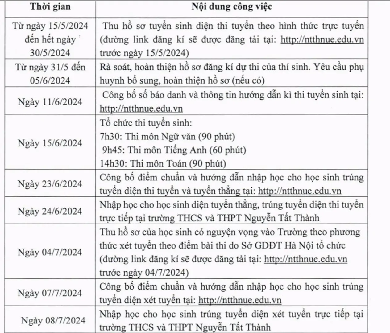 Lịch tuyển sinh lớp 10 năm học 2024 - 2025 của trường