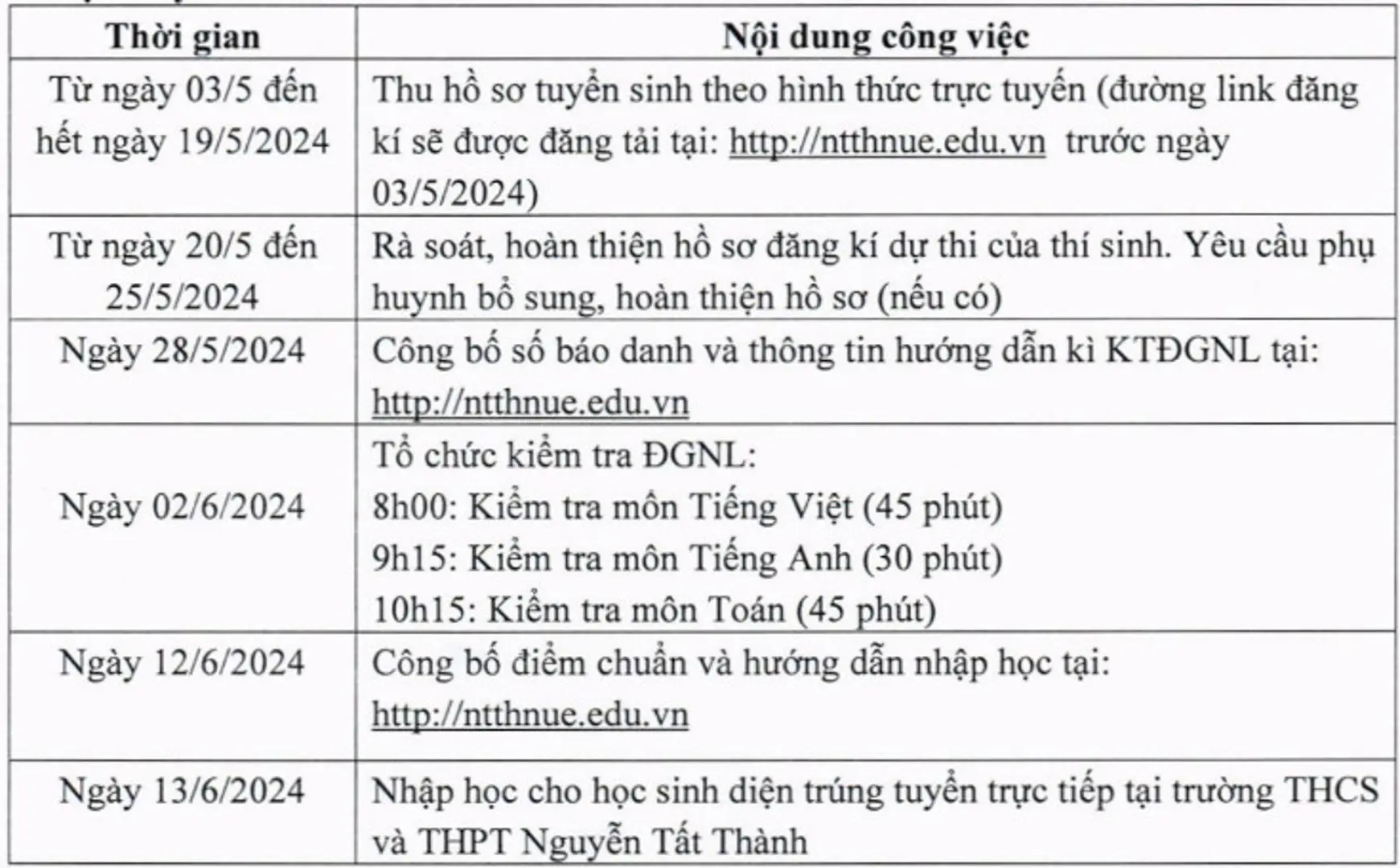 Lịch tuyển sinh lớp 6 năm học 2024 - 2025 của trường