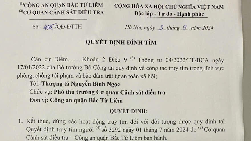Công an quận Bắc Từ Liêm quyết định dừng tìm đối tượng