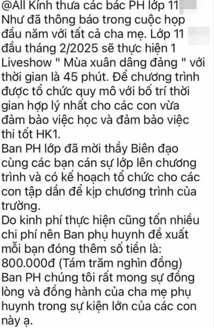 Một phần nội dung tin nhắn có nội dung đề xuất khoản đóng góp của phụ huynh Trường THPT Thăng Long được chia sẻ trên mạng xã hội.