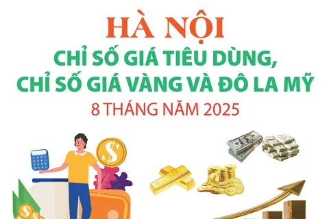Hà Nội: Chỉ số giá tiêu dùng, chỉ số giá vàng và đô la Mỹ 8 tháng năm 2025
