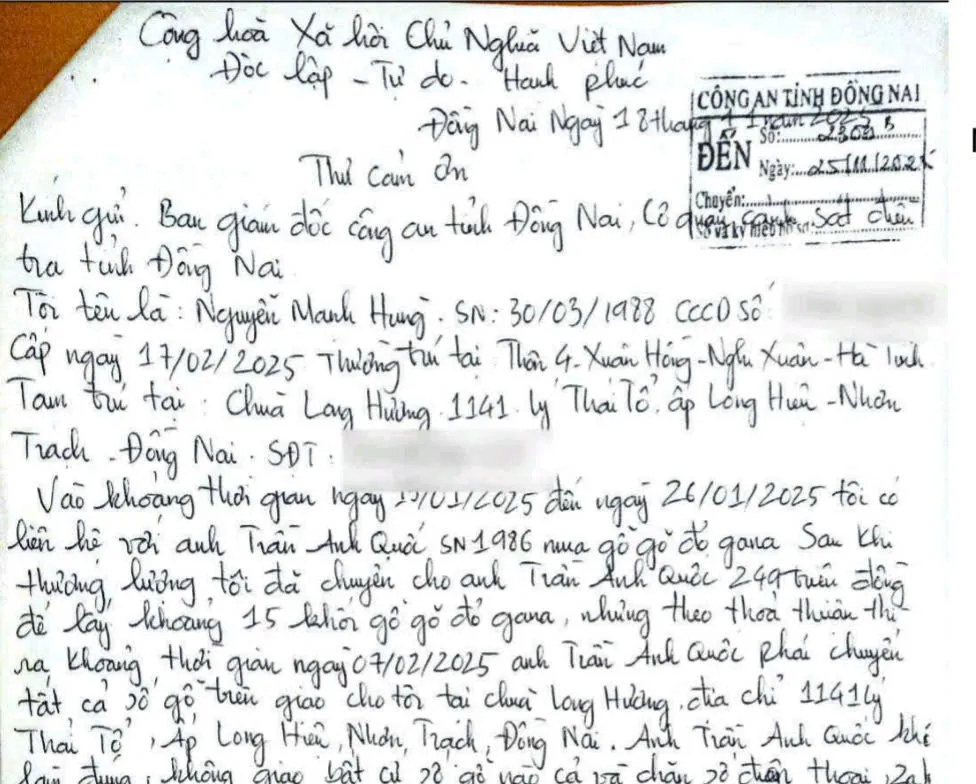 Người dân gửi thư cảm ơn Công an tỉnh Đồng Nai