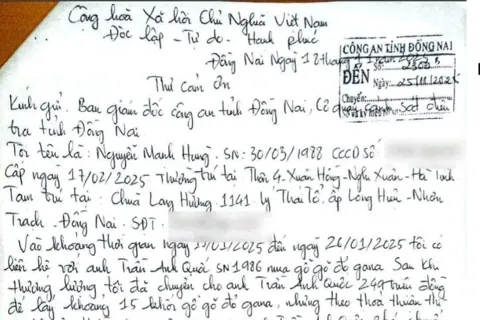 Người dân gửi thư cảm ơn Công an tỉnh Đồng Nai