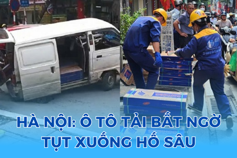 Hà Nội: Ô tô tải bất ngờ tụt xuống hố sâu