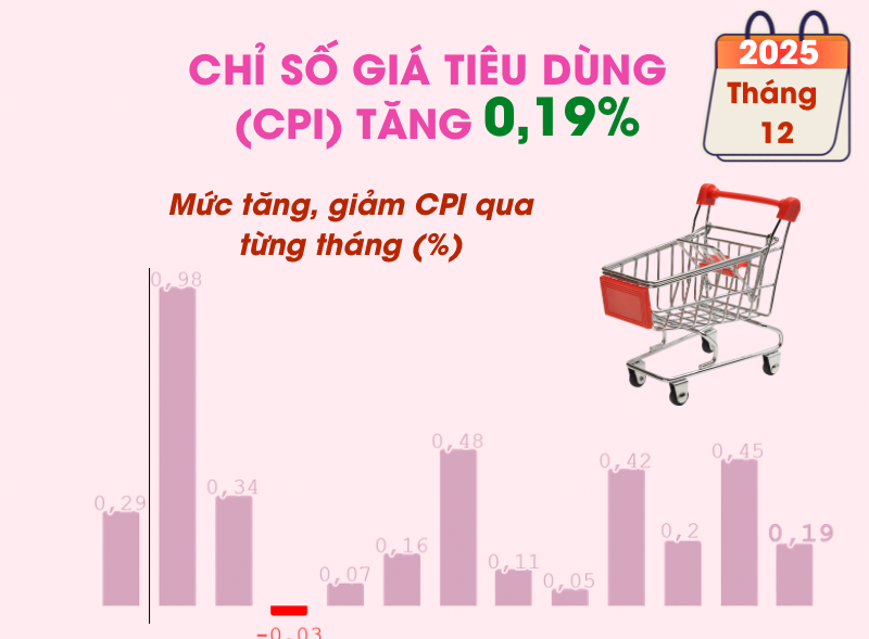 Chỉ số giá tiêu dùng tháng 12/2025 tăng 0,19%