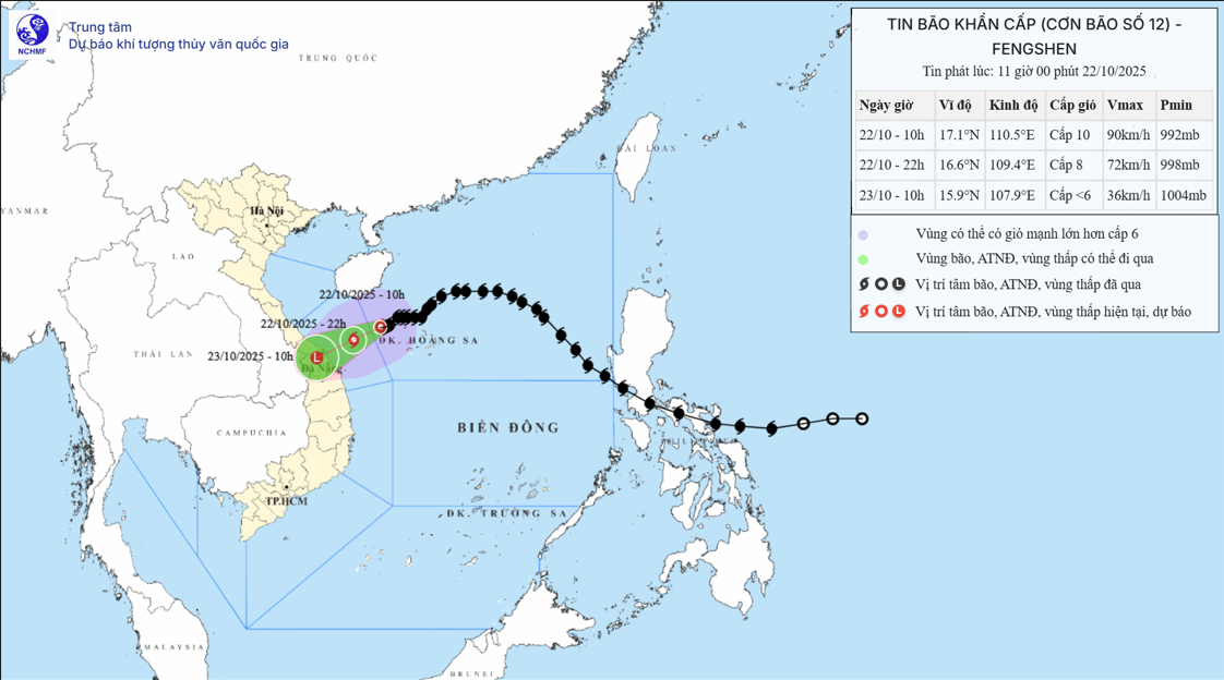 Bão số 12 FengShen cách TP Đà Nẵng 230km, giật cấp 12, cảnh báo thời tiết nguy hiểm
