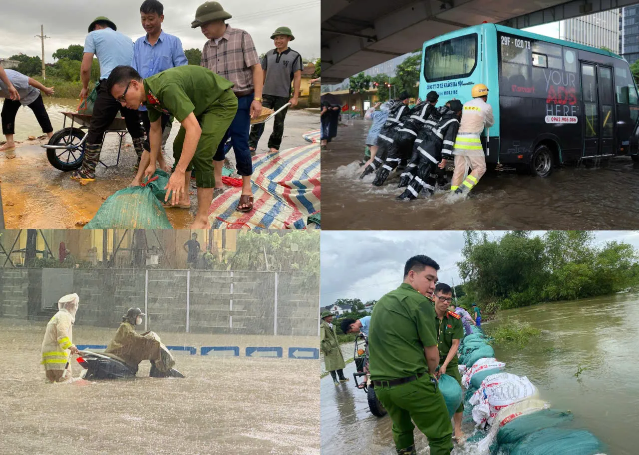 Lực lượng Công an Hà Nội dầm mưa cùng Nhân dân phòng chống bão lũ