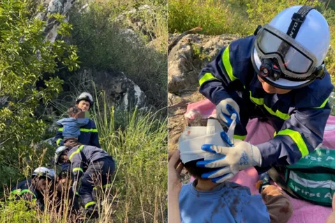 Hà Nội: 2 cháu bé bị mắc kẹt dưới hố sâu ở núi Trầm được cảnh sát giải cứu