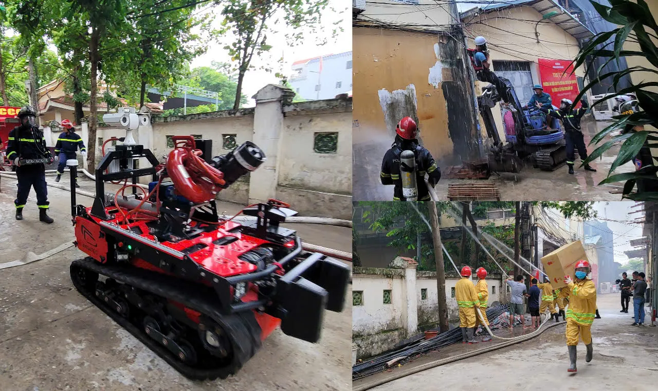 Robot được sử dụng cùng hơn 200 cán bộ, chiến sỹ thực tập chữa cháy, cứu nạn tại xã La Phù