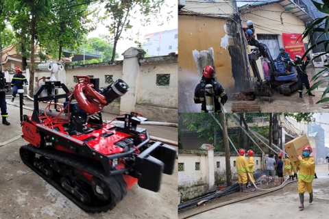 Robot được sử dụng cùng hơn 200 cán bộ, chiến sỹ thực tập chữa cháy, cứu nạn tại xã La Phù