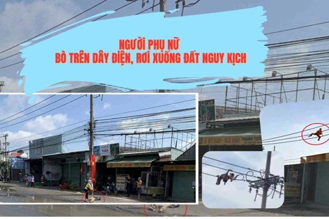 Cận cảnh một phụ nữ bò trên dây điện như "người nhện"
