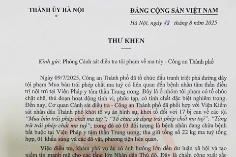 Bí thư Thành ủy Bùi Thị Minh Hoài gửi Thư khen Phòng Cảnh sát điều tra tội phạm về ma túy, Công an TP Hà Nội