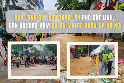 Bùn lỏng bất ngờ trào lên phố Cát Linh, gần nơi đào hầm dự án metro Nhổn-ga Hà Nội